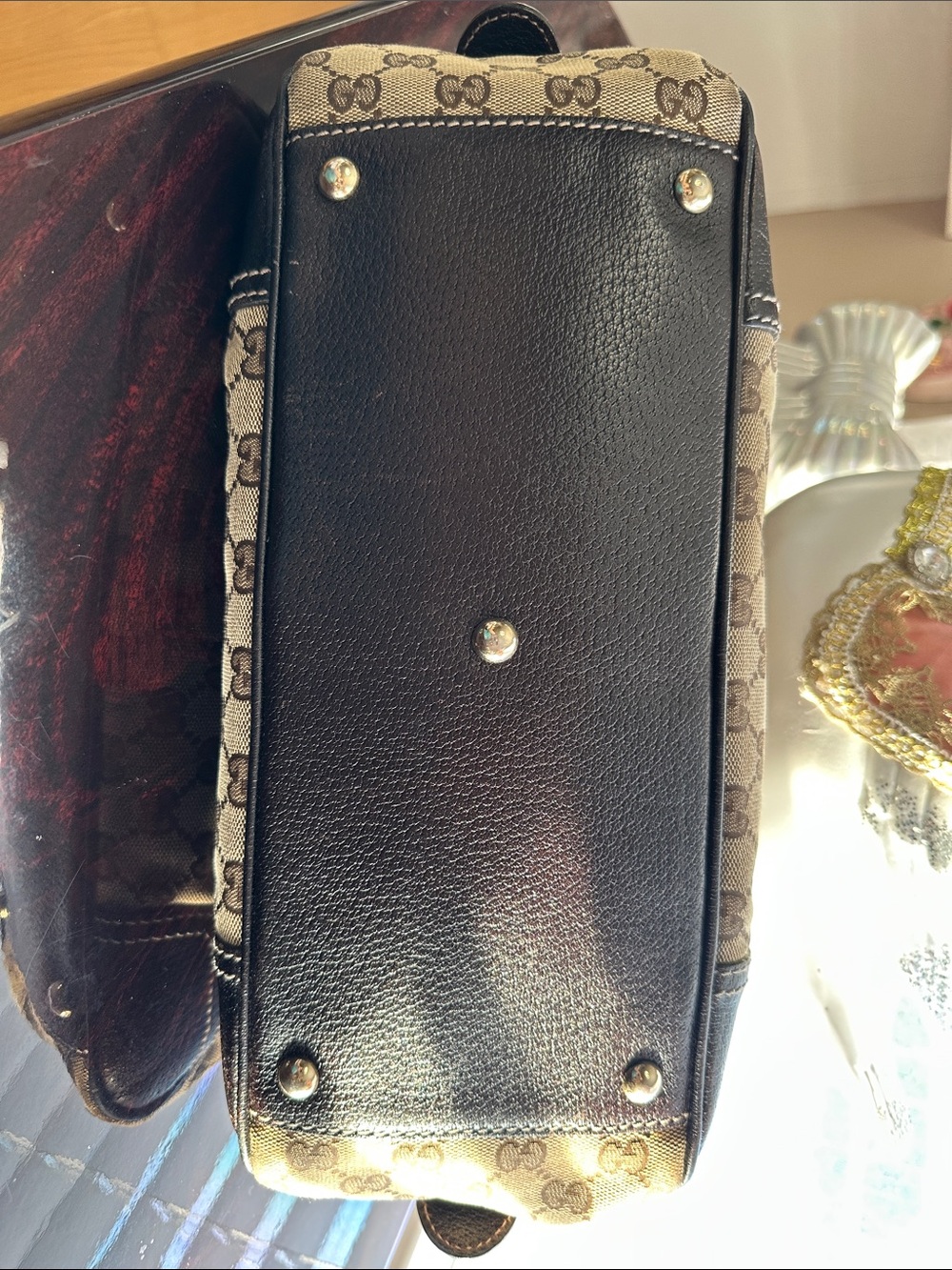 Gucci Princy Beige Monogram Canvas Shoulder Bag with Brown Trim and Web Stripe - Picture 5 of 16